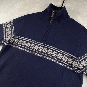 VTG J Crew Sweater Mens Medium Blue Fair Isle 100% Lambs Wool 1/4 Zip Pullover